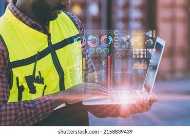 engineer staff worker using  laptop monitor business information data screen at port cargo shipping. - Powered by Shutterstock