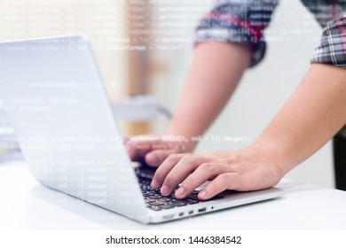 engineer student hand type input data code of computer java script language on keyboard for check and fix system information for training and workshop of artificial intelligence learn and work concept