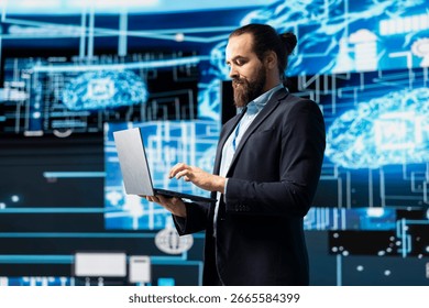 Engineer studying AI brain for data structures and predictive analytics, highlighting smart technology and machine learning for innovation and virtual intelligence. Algorithmic thinking.