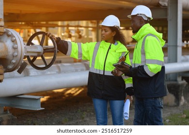 Engineer survey team checking construction project inspection work construction site .Team Civil engineer working outdoor next to the power plant.