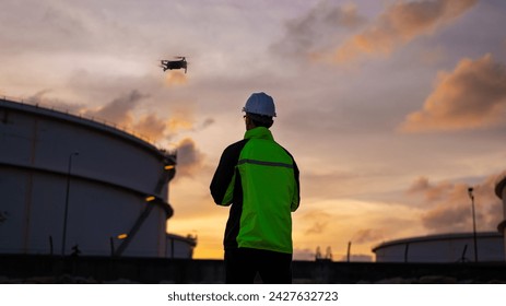 Engineer surveyor team under used drone camera for operator inspecting and survey construction site with gas oil refinery background. - Powered by Shutterstock