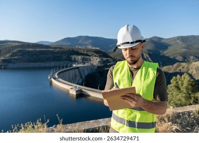 Engineer taking notes near hydroelectric power plant dam