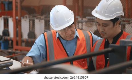 Engineer teaching apprentice to use metal sheet stamping machine, industrial team is working on various projects with tablet computer, worker work together to check the operation system in a factory