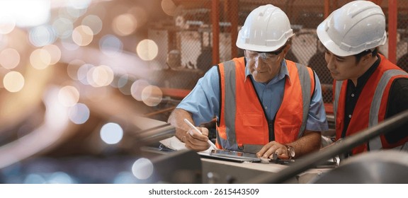 Engineer teaching apprentice to use metal sheet stamping machine, industrial team is working on various projects with tablet computer, worker work together to check the operation system in a factory