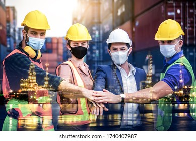 Engineer Team People Standing With Their Hands Together At The Container Yard And Wearing Mask Protect Covid With Oil And Gas Refinery  Cargo Freight Ship For Import And Export. Team Teamwork Concept