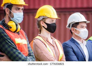 Engineer Team People Wear Face Mask And Standing With Their Hands Together At The Container Yard With Oil And Gas Refinery Background. Cargo Freight Ship For Import And Export. Team Teamwork Concept