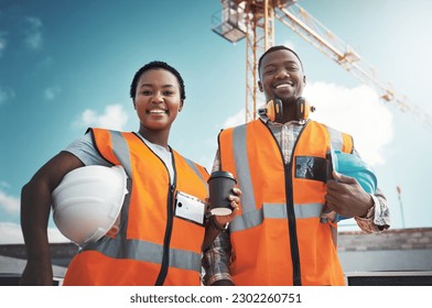 Engineer team, portrait and smile of black people at construction site with coffee low angle. Teamwork, architect and happy African man and woman with tea, collaboration and building with mockup. - Powered by Shutterstock