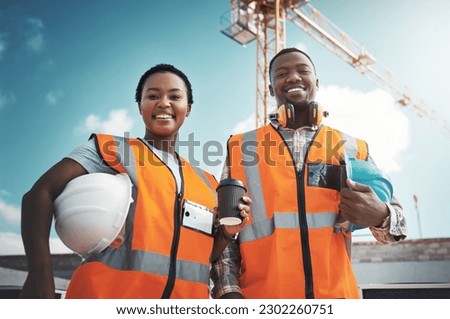 Engineer team, portrait and smile of black people at construction site with coffee low angle. Teamwork, architect and happy African man and woman with tea, collaboration and building with mockup.