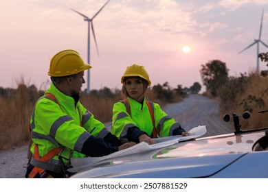 Engineer team in uniform standing looking down blueprint on head car meeting planing project install wind turbines in agricultural sugarcane plantation area, sunset background, - Powered by Shutterstock