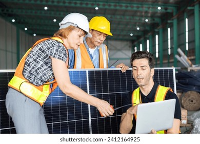 engineer team working check testing solar panel process before sand to customer for setup install
