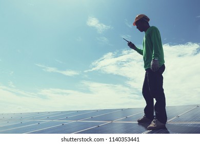 engineer team working on replacement solar panel in solar power plant;engineer and electrician team swapping and install solar panel after solar panel voltage drop