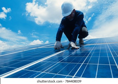 Engineer Team Working On Replacement Solar Panel In Solar Power Plant;engineer And Electrician Team Swapping And Install Solar Panel After Solar Panel Voltage Drop
