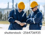 Engineer teamwork, Hispanic professional male workers working survey, Service inspection at petroleum power plant, Refinery ground field work outdoors.