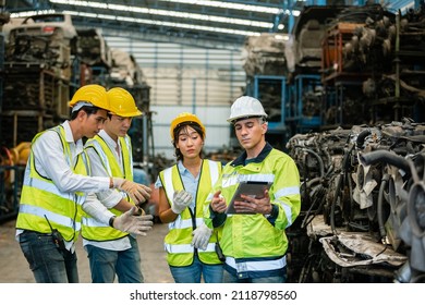 Engineer Teamwork Industry Brainstorm . Professional Team Factory Manufacturing. Working Control In Digital Tablet. Operating Auto Parts, Automobile Industry.