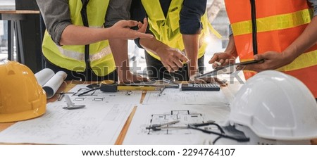 Engineer Teamwork Meeting, Drawing working on blueprint meeting for project working with partner on model building and engineering tools in working site, Construction and structure concept..