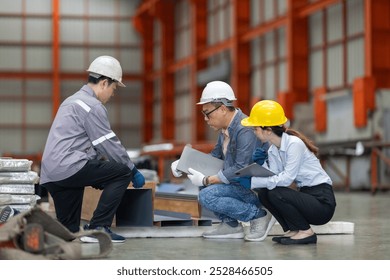 Engineer and technician, including a female professional, engage in precise measurement and data analysis on the factory floor to ensure the highest quality in metal fabrication processes. - Powered by Shutterstock