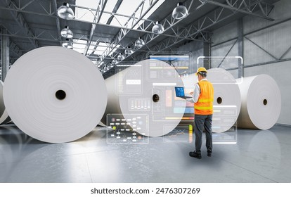 Engineer or technician work in paper factory with computer notebook and digital interface - Powered by Shutterstock - Get 15% off with code: PIKWIZARD15
