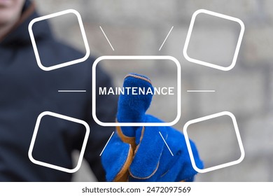 Engineer or technician working on virtual touch screen presses word: MAINTENANCE. Repair and maintenance service concept. Empty industry business conceptual design template for icons and text.