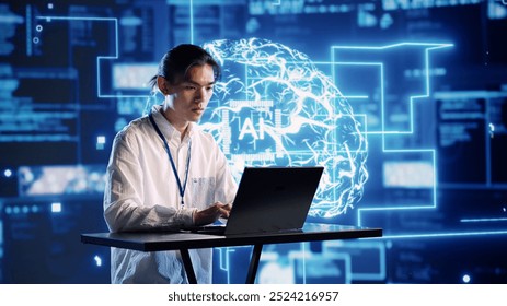 Engineer in technologically advanced workplace uses artificial intelligence computing simulating human brain. Admin in server hub running operations on laptop with AI machine learning algorithms