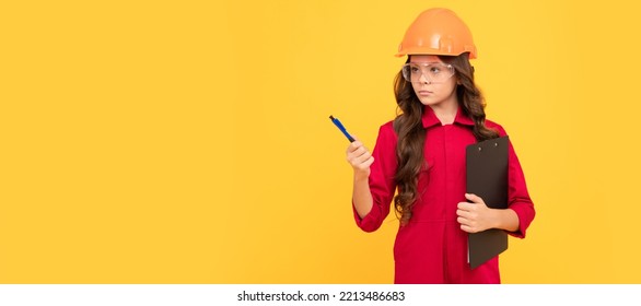 Engineer Teenager Girl. Serious Teenager Girl In Protective Eyeglasses And Helmet Hold Document Folder, Worker. Child Builder In Helmet Horizontal Poster Design. Banner Header, Copy Space.