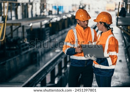 Engineer train engine service team man and women working together at train depot locomotive industry people