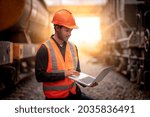 Engineer under inspection and checking construction process railway switch and checking work on railroad station by notebook .Engineer wearing safety uniform and safety helmet in work.