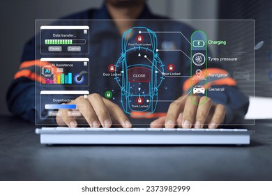 Engineer uploading software eeprom data to electric vehicle car design and test in research development process to build new electric car products. EV car concept.