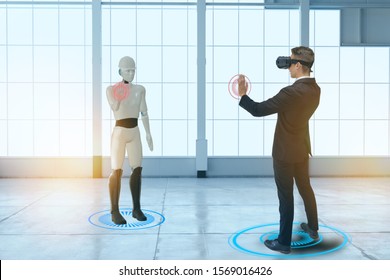 Engineer Use Augmented Mixed Virtual Reality To Control The Robot Move Prototype Of  In Defusing Bombs, Working Inside A Damaged Nuclear Facility, Operating Robotic Arm On International Space Station