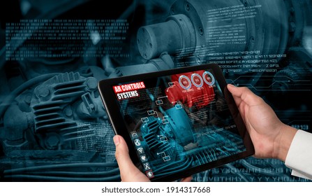 Engineer use augmented reality software in smart factory production line with automated application . Futuristic machinery in working in concept of Industry 4.0 or 4th industrial revolution.