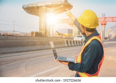 Engineer Use Computer Laptop, Worker Architecture Check Building Construction Project Development