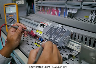 Engineer Use Multimeter Check Circuit Wiring Stock Photo 1230654499