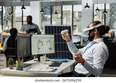 Engineer uses VR headset to optimize sustainable solar panel fabrication with advanced assembly lines. Clean energy expert innovates solar manufacturing processes using virtual reality simulation