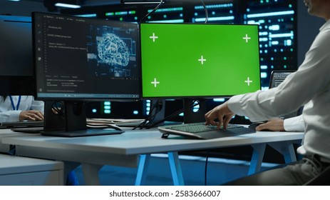 Engineer using AI tech on green screen PC to do checkup in server room. Zoom in of expert in data center using artificial intelligence on mockup computer to process datasets for training, camera A