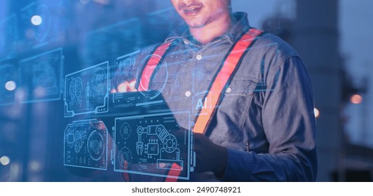 Engineer Using Augmented Reality Technology on Tablet at Industrial Site, Technology AI assistance and automatic system for industries plant.
