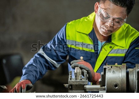 Engineer Using Caliper for Manual Inspection of Metal Part Machinist Checking Equipment in a Dirty and Messy Workshop Engineer with Safety Glasses Using Precision Tool on Machinery.