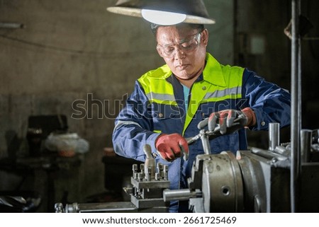 Engineer Using Caliper for Manual Inspection of Metal Part Machinist Checking Equipment in a Dirty and Messy Workshop Engineer with Safety Glasses Using Precision Tool on Machinery.
