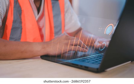 Engineer using computer laptop with futuristic AI interface showing chatbot, machine learning, and data analysis. Concept of artificial intelligence, automation, digital transformation technology