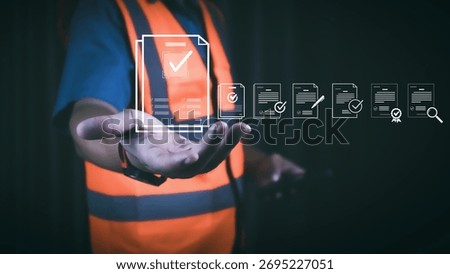 Engineer using digital checklist and document verification hologram for smart inspection, quality control, and industrial safety management in modern manufacturing and construction technology.