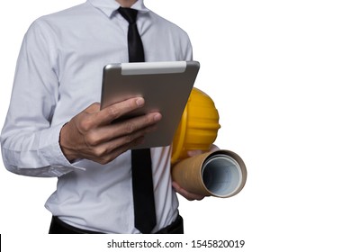Engineer using a digital tablet, isolated on white.