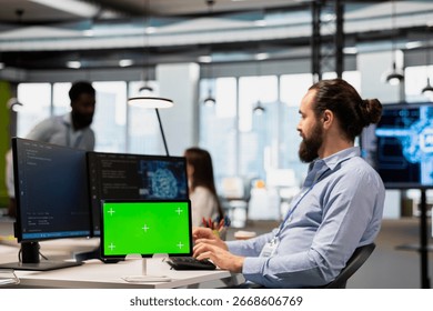 Engineer using isolated screen tablet to adjust machine learning algorithms parameters, automating workflow. Tech company employee using AI insights for code optimization on chroma key device