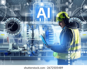 Engineer using laptop with AI technology in modern factory, digital monitoring, predictive maintenance, machine learning, automation. Manufacturing, Engineering, Artificial Intelligence.