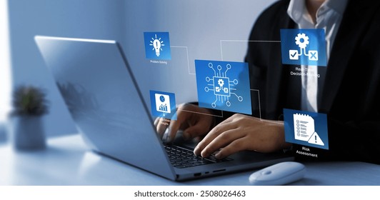 Engineer using laptop for optimization software AI bot with a Comprehensive Guide.Leveraging Artificial Intelligence in Decision Making. 