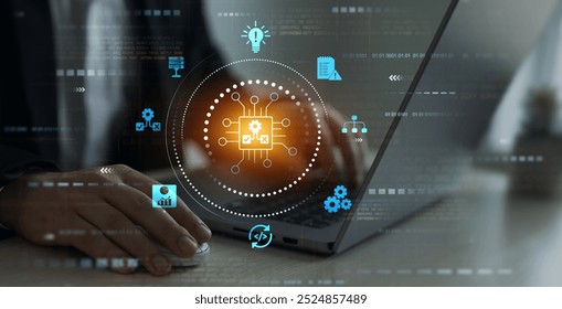 Engineer using laptop for optimization software AI bot with a Comprehensive Guide.Leveraging Artificial Intelligence in Decision Making. 