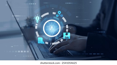 Engineer using laptop for optimization software AI bot with a Comprehensive Guide.Leveraging Artificial Intelligence in Decision Making. 