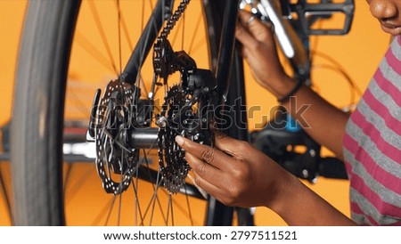 Engineer using screwdriver and hex socket wrench to secure wheel on bicycle in studio background, professional screwing bolts on bike parts, mending rear derailleur and cassette.