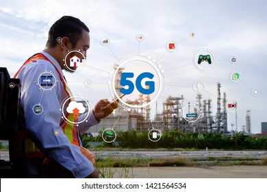 Engineer is using smartphone over 5G internet at factory. 5G network illustration graphic.