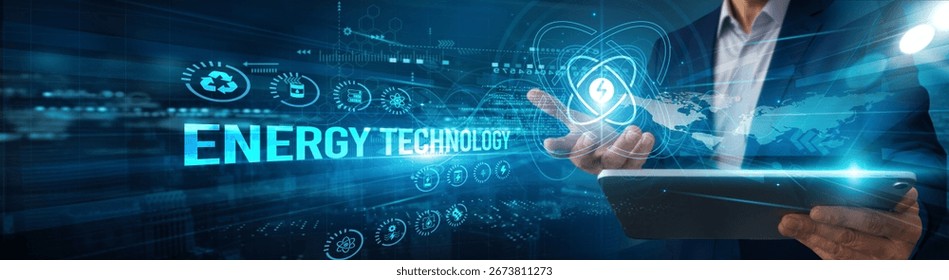 An engineer using a tablet analyzing energy technology system data for renewable, efficiency automation smart grid monitoring innovation sustainability performance solutions.