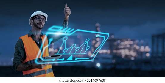 Engineer using tablet computer planning analyzing strategy using computer technology, technician factory industry worker, dark blue banner background, ui graphics display interface futuristic tech.
