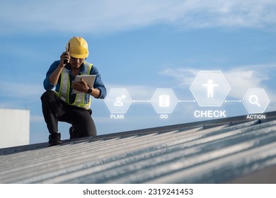 Engineer using tablet to inspect work at job site. concept of technology usage In industrial applications, remote data retrieval, large databases. network link. - Powered by Shutterstock - Get 15% off with code: PIKWIZARD15