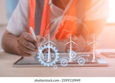 An engineer using tablet and pen with virtual wind turbine modern reduce co2 emission concept with icons global warming emissions carbon footprint climate change to limit global warming energy